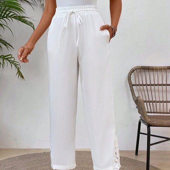 White Boho Women's Patchwork Elastic Waist Slant Pocket Straight Leg Pants - Picture 6 of 7